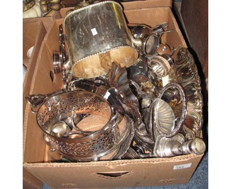 Box of assorted metalware to include silver plated ladle, cigarette box, various candlesticks, ladies dressing table brushes 