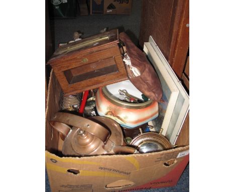 Box of assorted items to include oak and brass letterbox, various magnifying glasses, glass and plated biscuit barrel, copper