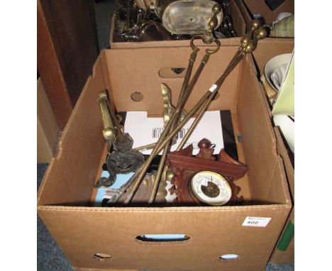 Small carved wall barometer together with various brass items including poker, shovel, fire dogs etc. 