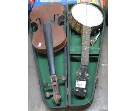 Vintage banjo together with cased Carrodus violin.  CONDITION REPORT: Violin condition: No strings. Scratches/wear and losses