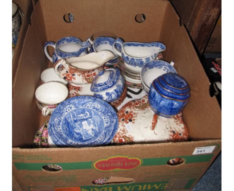 Box of assorted china to include spode Italian blue and white items to include baluster jug, breakfast cups and saucers etc. 