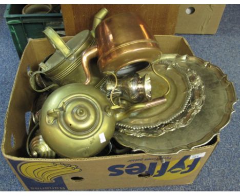 Box of assorted metalware to include copper kettle, brass kettle and watering can, plated goblets, tea service, serving trays