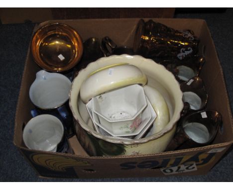Box of assorted china to include various copper lustre dresser jugs, large floral and figural baluster planter, other smaller
