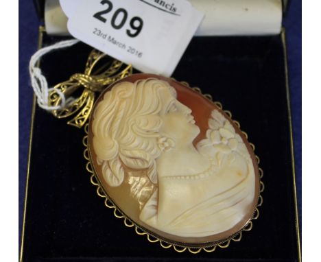 Large shell cameo brooch in 9ct gold frame with 9ct gold bow shaped bale. 