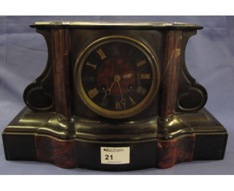 Late Victorian black slate and marble two train architectural mantel clock with French drum movement. 