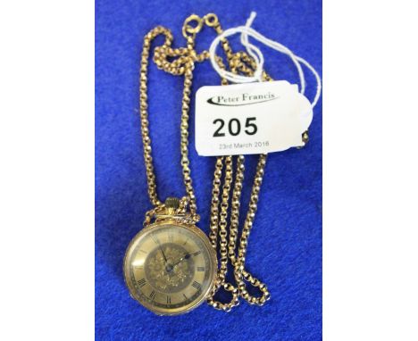 18ct gold outer case engraved fob watch on rolled gold chain. 