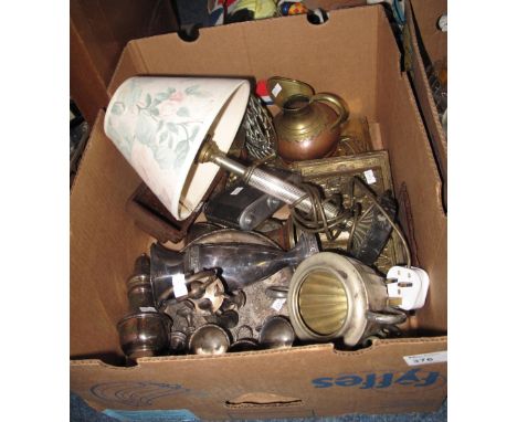 Box of assorted items to include table lamp, egg cruet set on plated stand, vintage ensight camera, brass candlestick etc.