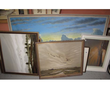 Group of assorted wild fowl pictures to include large sunset scene unsigned, a dawn scene signed Sinclair, various game bird 