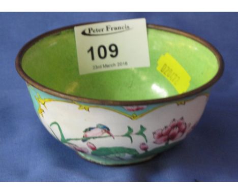 Chinese Canton enamel bowl decorated with reserved panels of birds and butterflies.  CONDITION REPORT: Minor wear but no obvi