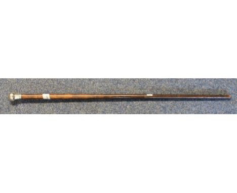 Gentleman's stained, tapering walking stick with silver engraved knop, London hallmarks, maker's initials: J.M.O.