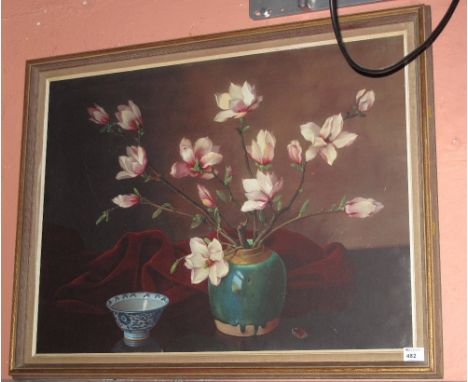 Large framed furnishing print, flowers in Oriental vase with Chinese blue and white bowls.