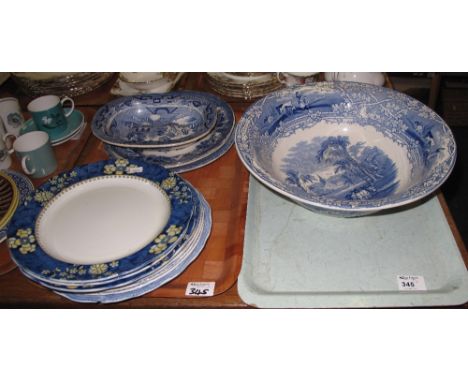 Two trays of blue and white china to include 19th Century plates depicting figural and landscape scenes, oval bowl, Copelands
