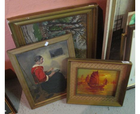 Framed tapestry study of a country cottage, portrait of a lace maker signed W. Marsden and an oil study of a Chinese junk. Fr