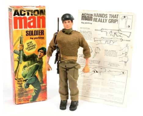 Palitoy Action Man Vintage Soldier - flock head figure with gripping hands, with beret and SLR rifle, instruction leaflet - g