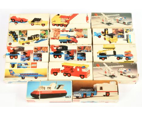 Lego Vintage group of early sets to include 643 Crane, 654 Car &amp; Caravan, 663 Hovercraft, 652 Fork Lift Truck plus others