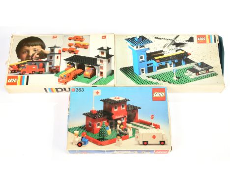 Lego Vintage group of early sets (1) c 363 Hospital - include early Minifigures with moulded arms (2) 357 Legoland Fire Stati