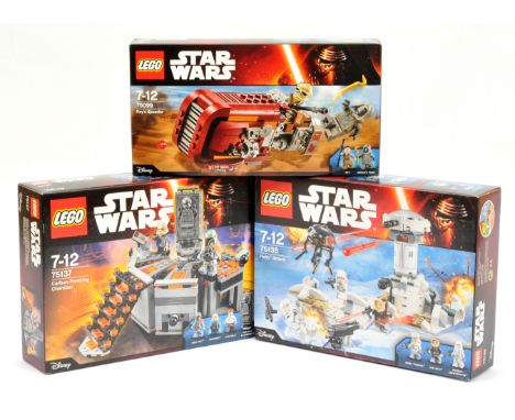 Lego Star Wars sets to include Rey's Speeder 75099, Hoth Attack 75138, Carbon Freezing chamber 75137. All appear Near Mint wi