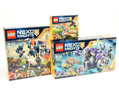 Lego Nexo Knights sets to include 70310 Knighton Battle Blaster, 70327 The King's Mech, 70350 The Three Brothers. All are Nea