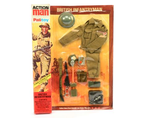 Palitoy Action Man Vintage 34317 British Infantryman, comprising Helmet, Battle Dress, Trousers, Boots, Gaiters, Gas Mask, Be