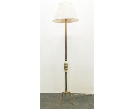 A brass standard lamp and shade with classical decoration, overall H. 170cm.