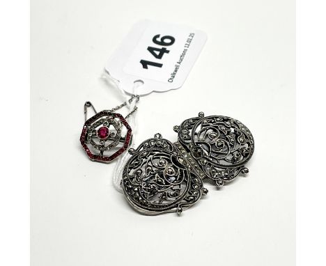 A vintage white metal and marcasite clip brooch (W. 5cm), together with a 925 silver stone set brooch.