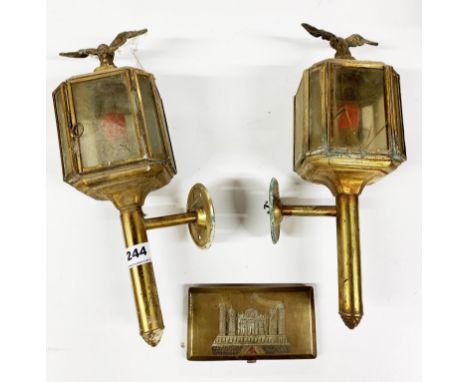A pair of old coach lamp style porch lights, H. 37cm, with a brass cigarette case.
