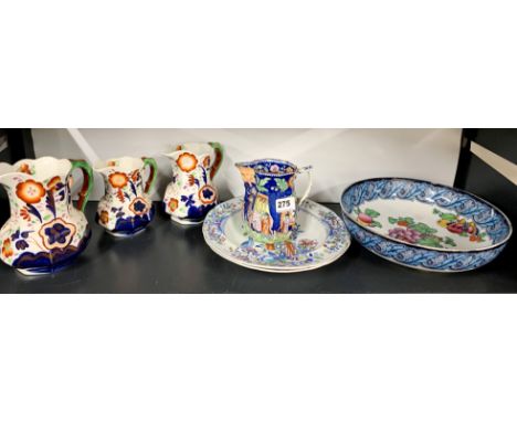 A set of three Allertons graduated jugs, with two Spode bowls and other items.
