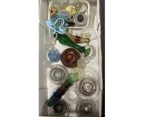A box of mixed vintage coloured glassware.