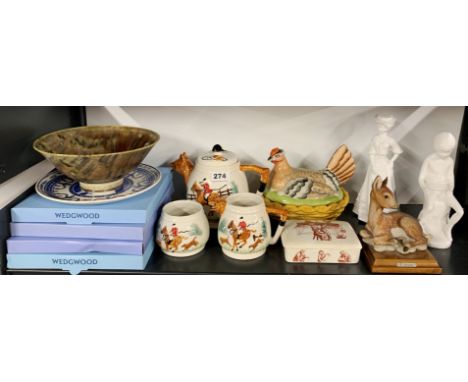 A group of mixed mainly ceramic items, tallest H. 13cm, including Spode figurines.