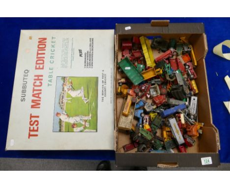 A mixed collection of Dinky and Corgi vehicles in varying states of repair together with boxed but incomplete Subbuteo Test M