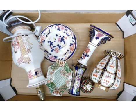 Seven Masons Ironstone Items - Yung Lo Emperor Lamp, Tokyo Vase Petit with Cover, Mandalay Candlestick &amp; Plates, Decoupag