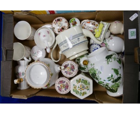 A mixed collection of items including Royal Albert Old Country Rose Tea pot , Minton Penrose tea pot, Coalport Cathay lidded 