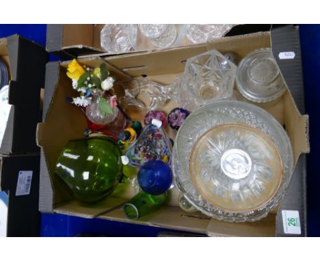 A mixed collection of glass items to include unusual Marano Clown, Art form vase, paper weight, Art deco style lady etc 