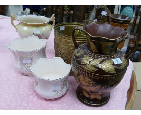 A mixed collection of items including ceramic planters, pots together with brass paper bin &amp; mirror(7) 