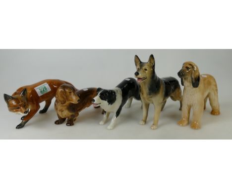 Sylvac ceramic figures Alsatian, Afgan Hound, Dachshund , Collie(nip to tail) and fox(5) 