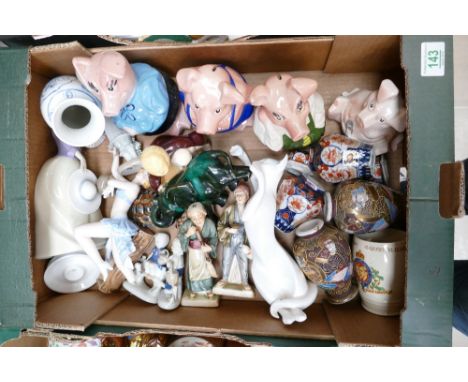 Tray of Ceramics - Wade NatWest Pigs, Wade Tortoises, Doulton Cat, Oriental Vases, Lladro Figures a/f etc. 
