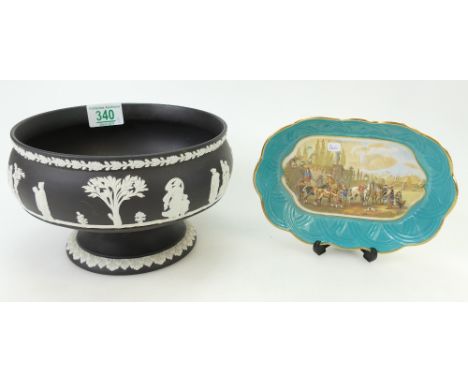 Wedgwood black jasperware footed egg bowl, diameter 22cm. Together with W &amp; R Pratt &amp; Co shaped dish decorated with h