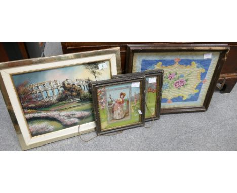 A mixed collection of framed items including victorian ladies, landscapes &amp; tapestry tray (4) 