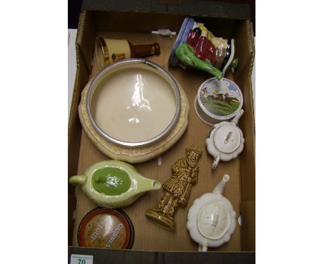 A mixed collection of items including un usual Guinness advertising ash tray, Bells whiskey decanter, Doulton Blush planter, 