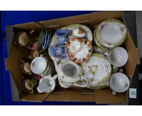 A mixed collection of ceramic items to include Swallow China floral decorated tea set, Wedgwood jasper ware items, metalized 