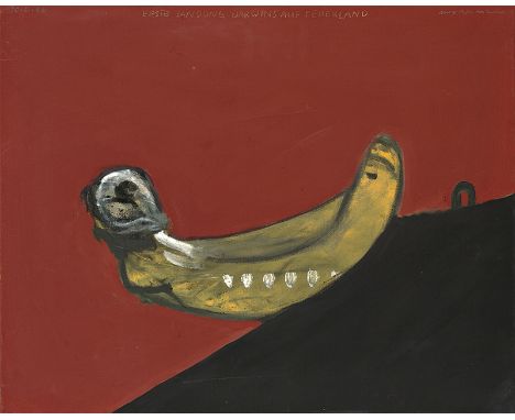 (See English version below)„ERSTE LANDUNG DARWINS AUF FEUERLAND“. 1987Tempera auf Leinwand.  80&nbsp;×&nbsp;100&nbsp;cm ( 31&