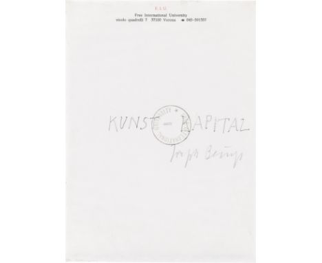 (See English version below)„Kunst = Kapital“. Ca. 1975Bleistift und Stempel auf Briefpapier der Free International University