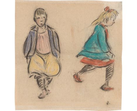 (See English version below)Zwei Kinder. Farbkreide auf Papier. 13,7&nbsp;×&nbsp;13,4&nbsp;cm ( 5&nbsp;⅜&nbsp;×&nbsp;5 ¼&nbsp;