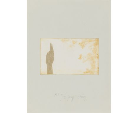 (See English version below)„Schwurhand“. 1980Farbaquatinta und -lithografie auf hellgrauem Papier.  9,8&nbsp;×&nbsp;15,5&nbsp