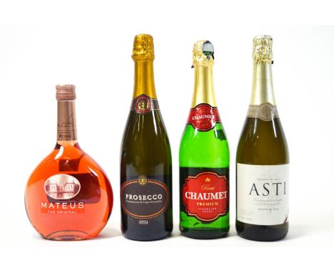 A bottle of Gordon's gin, a bottle of Smirnoff vodka, four bottles of sparkling wine and a bottle of Mateus Rose