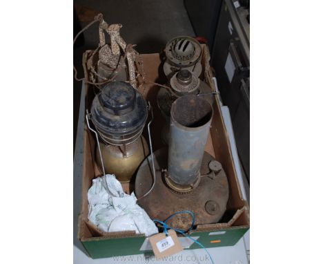 A quantity of lamps to include; greenhouse paraffin heater, tilly lamp, storm lamps, etc.