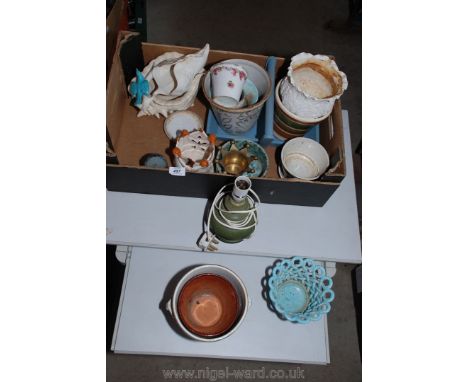 A garden trug, planters, table lamp, etc.