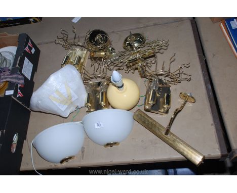 A quantity of wall lights and matching ceiling light, table lamp, etc.