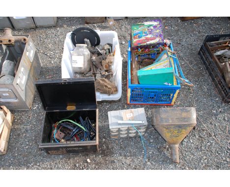 2 tubs containing foot pump, mini storage chest, tin trunk, vehicle parts etc