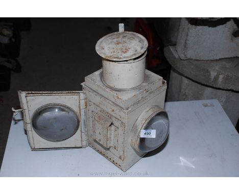 A painted railway lamp (no burner).